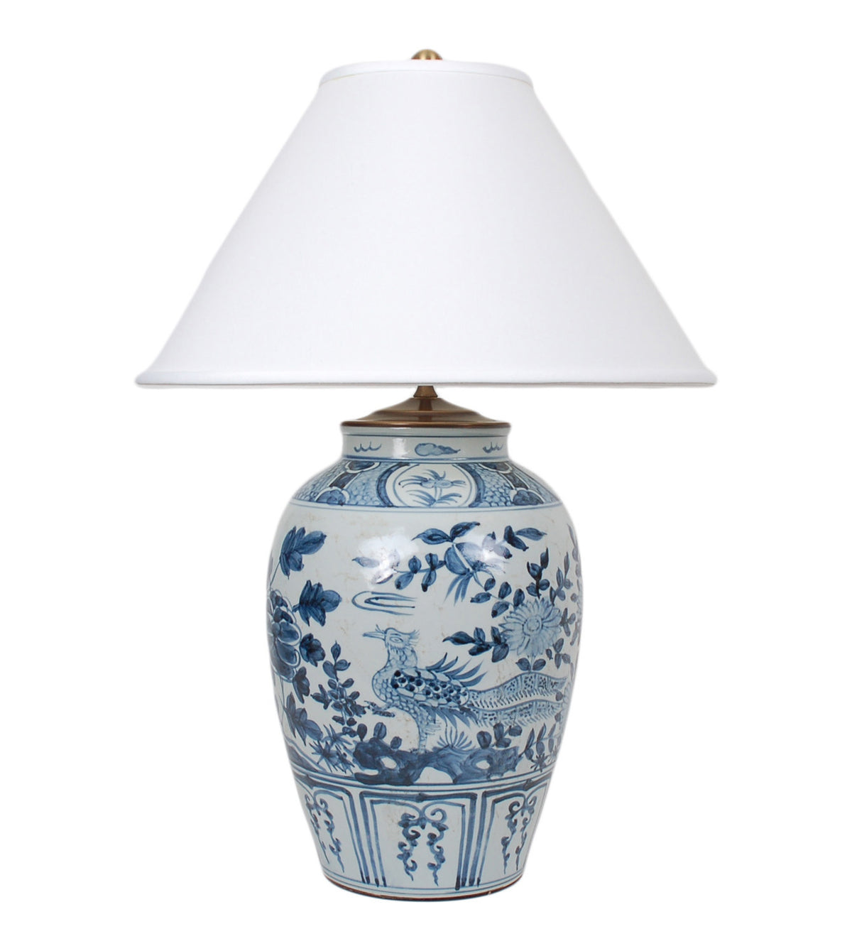 23″ Blue and White Bird and Flower Vase Lamp, No Base