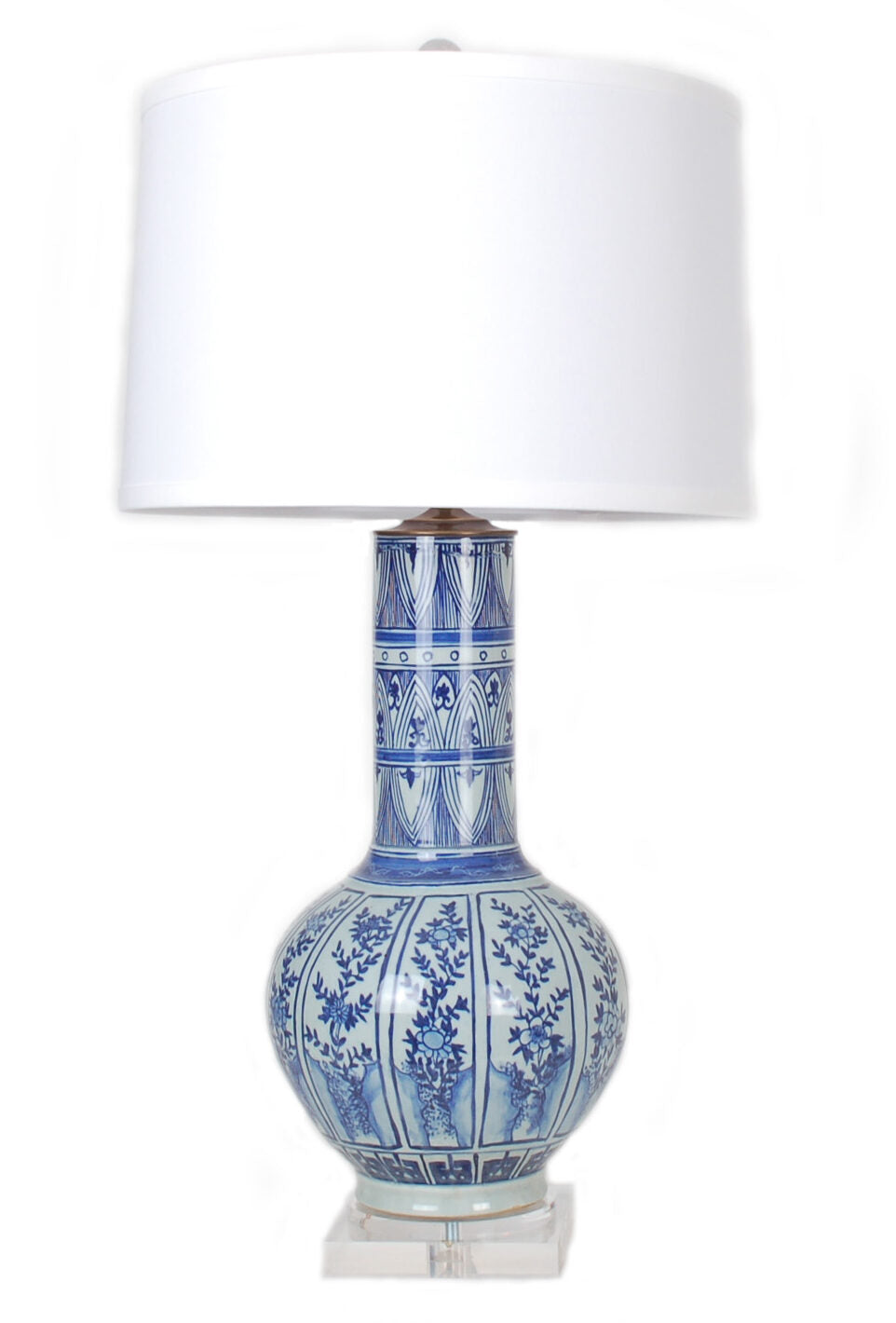 31″ Dark Blue and White Floral Single Gourd Vase Lamp on Acrylic Base