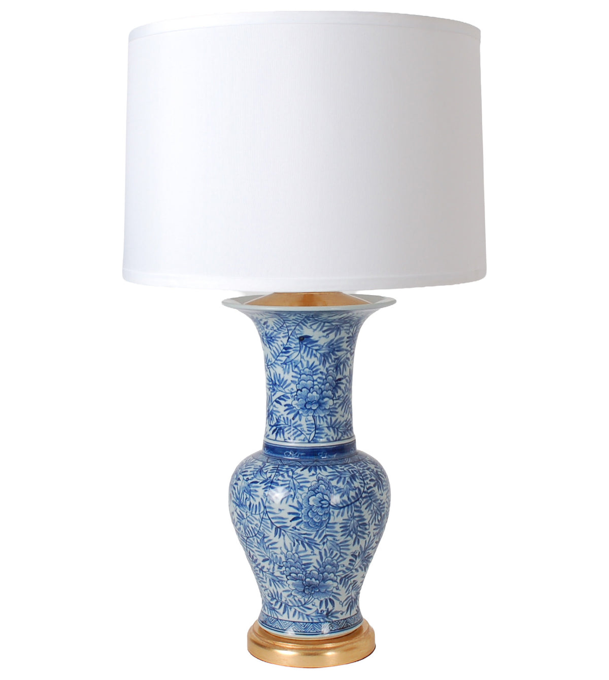 31″ Blue and White Floral Beaker Vase Lamp on Gold Leaf Base
