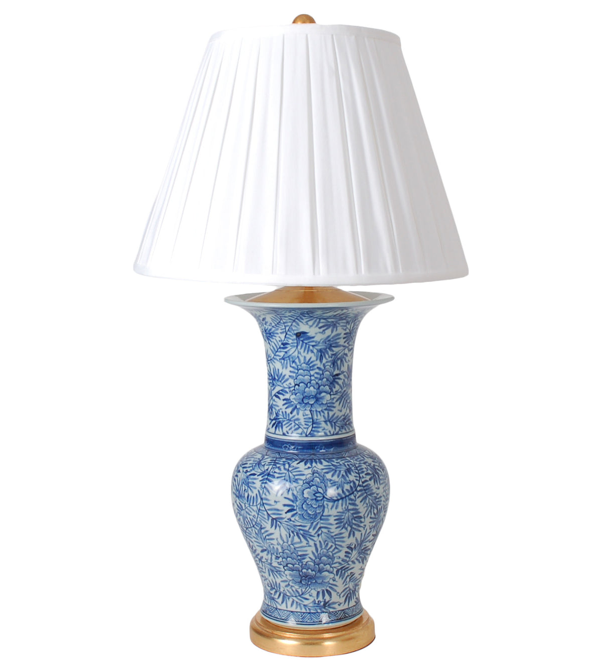 31″ Blue and White Floral Beaker Vase Lamp on Gold Leaf Base