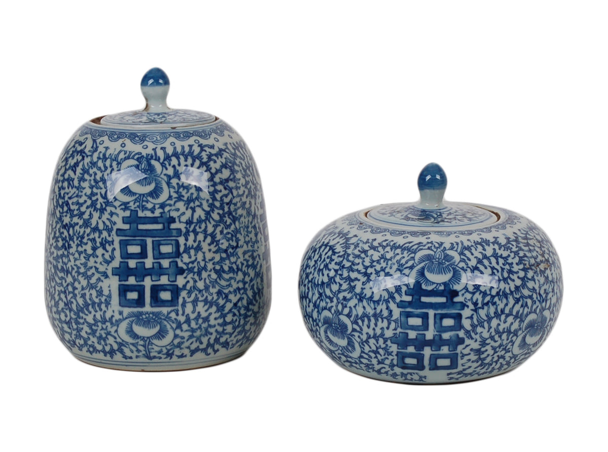 4″ Blue and White Double Happiness Short Gourd Mini Jar