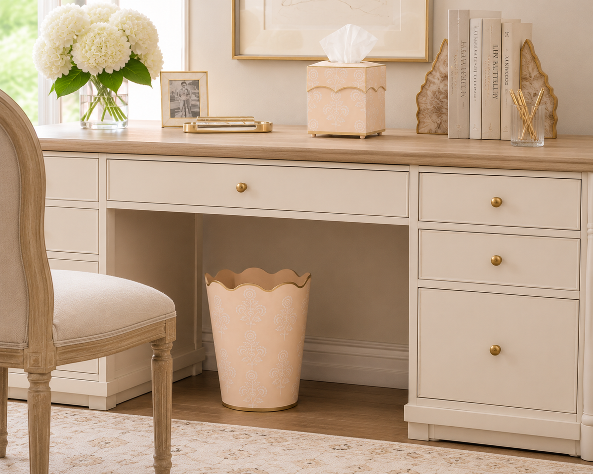 Pale Peach Floral Scalloped Wastepaper Basket & Tissue (2 Options)