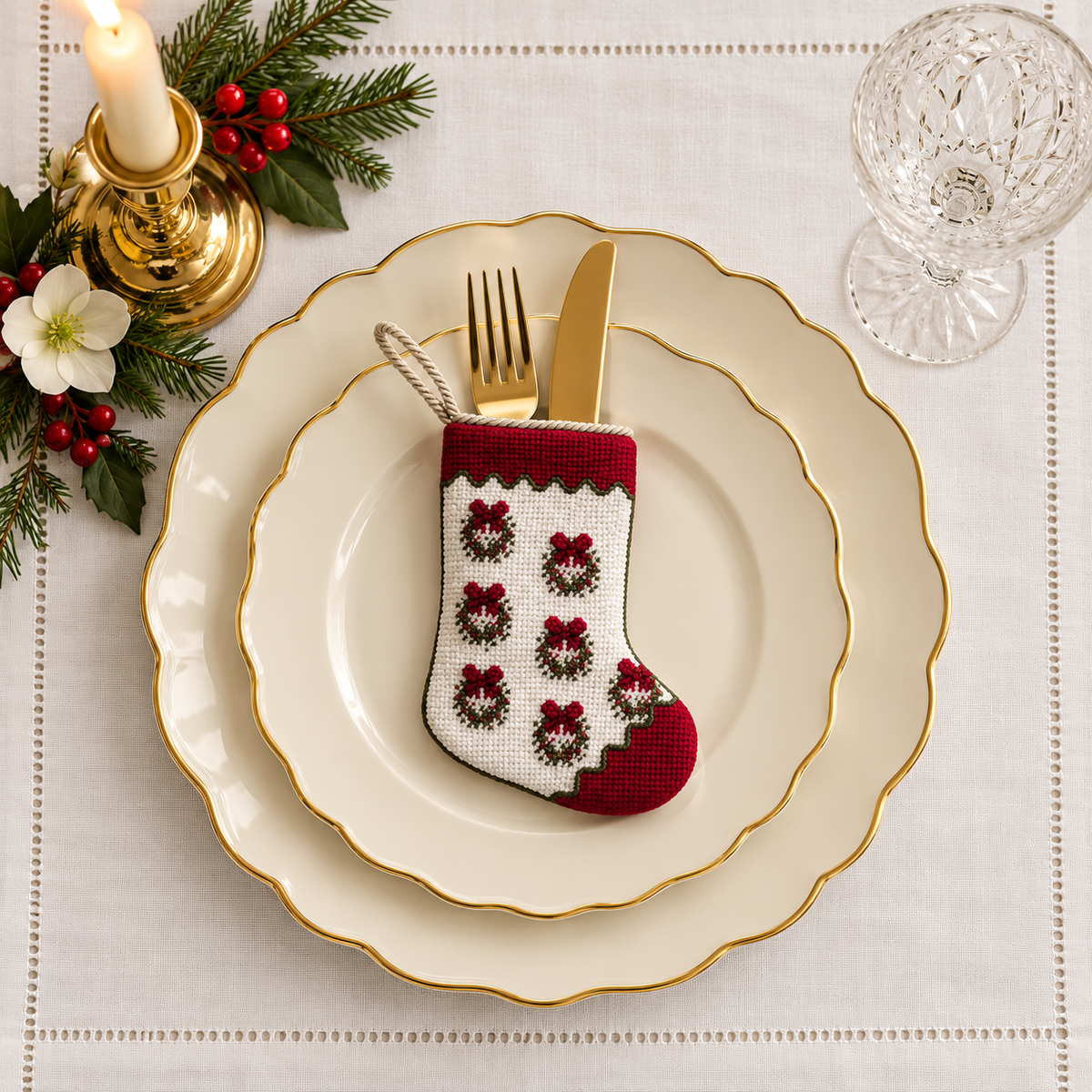 The Christmas Wreath Needlepoint Stocking (2 Sizes)