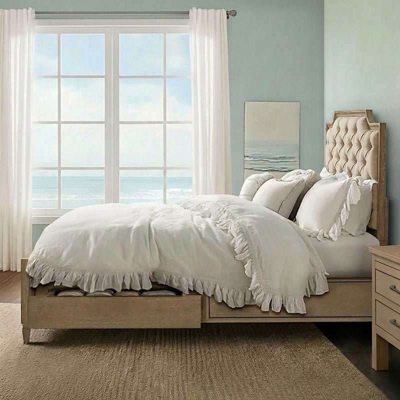 Victoria Wood Bed with Upholstered Headboard and Built-In Storage Drawer