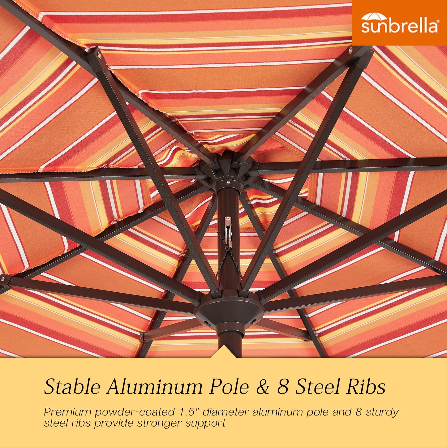 PATIO TREE 9ft Stripe Round Market Umbrella, Crank Lift, Push Button Tilt, Brown Pole, Sunbrella® (Dolce Mango)
