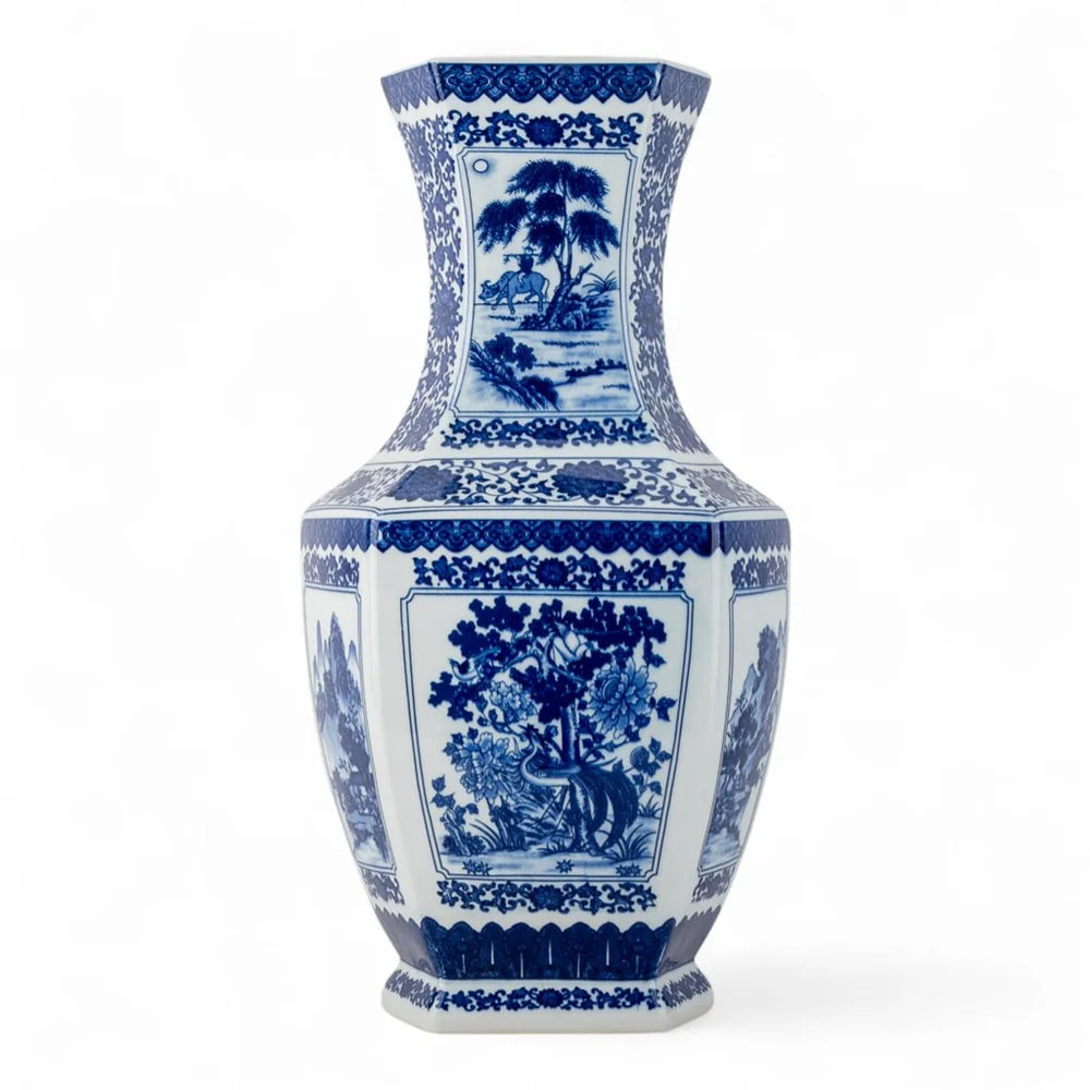 Hex Vase Blue And White Bird And Flower