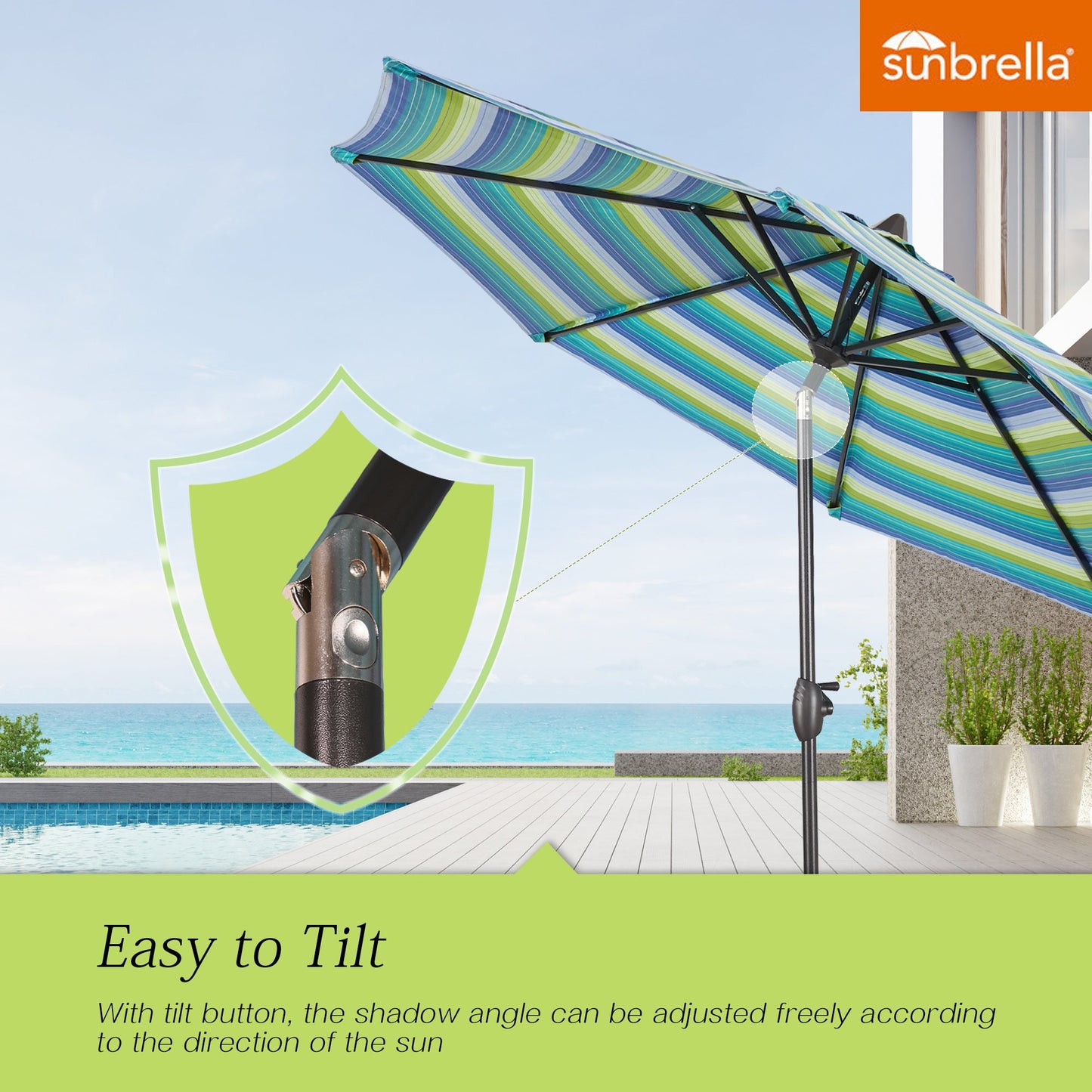 PATIO TREE 9Ft Round Cabana Stripe Market Umbrella with Sunbrella® Fabric (Seville Seaside)