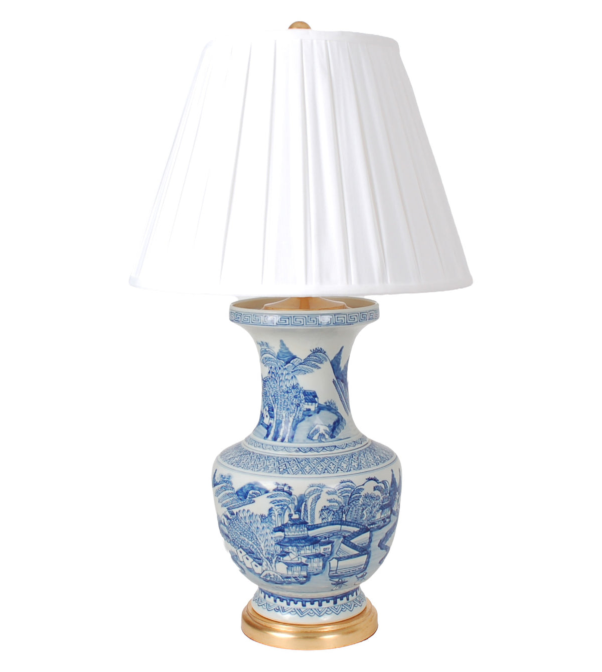 28″ Blue and White Vase Lamp on Gold Leaf Base