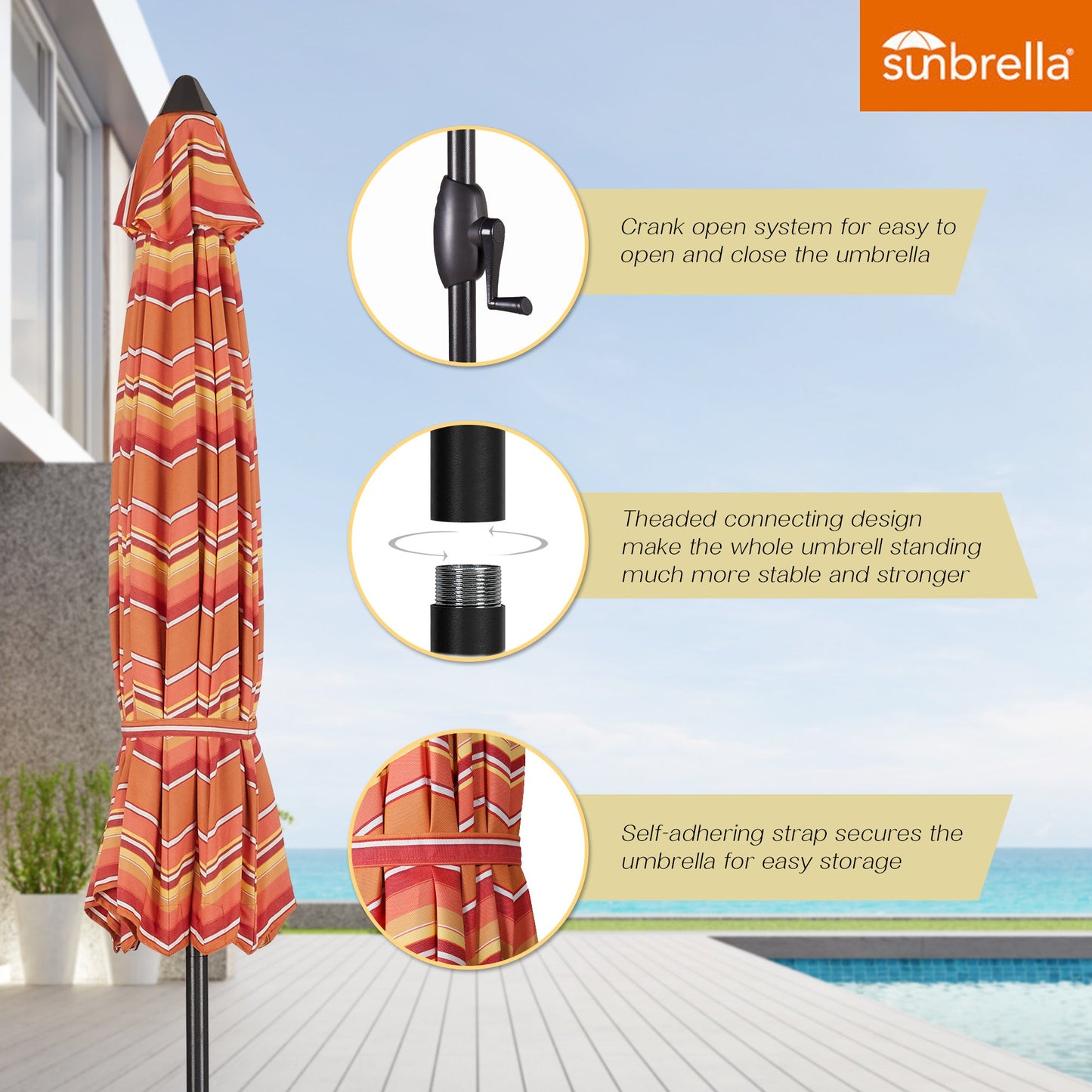 PATIO TREE 9ft Stripe Round Market Umbrella, Crank Lift, Push Button Tilt, Brown Pole, Sunbrella® (Dolce Mango)