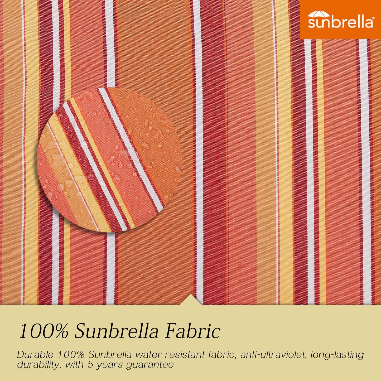 PATIO TREE 9ft Stripe Round Market Umbrella, Crank Lift, Push Button Tilt, Brown Pole, Sunbrella® (Dolce Mango)