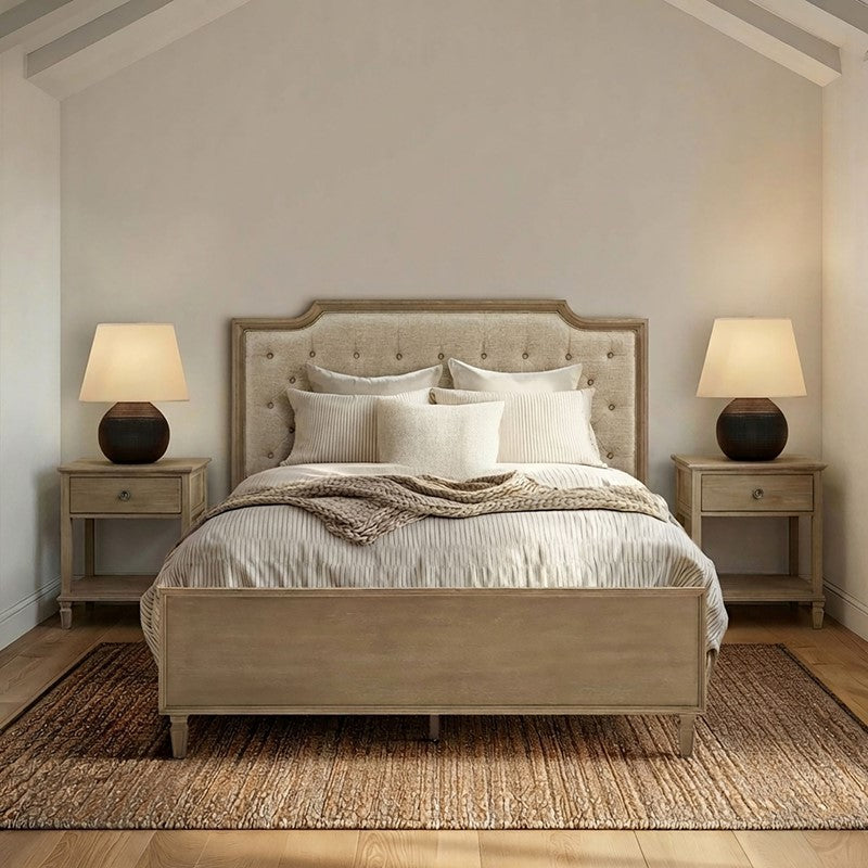 Victoria Wood Bed with Upholstered Headboard and Built-In Storage Drawer