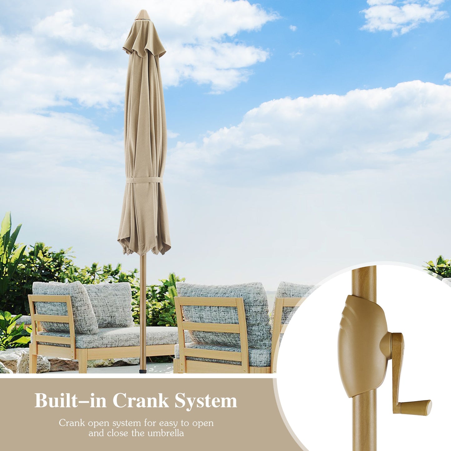 PATIO TREE Patio Umbrella Manual Tilt With Natural Wood Grain Frame (Sunbrella® Heather Beige)