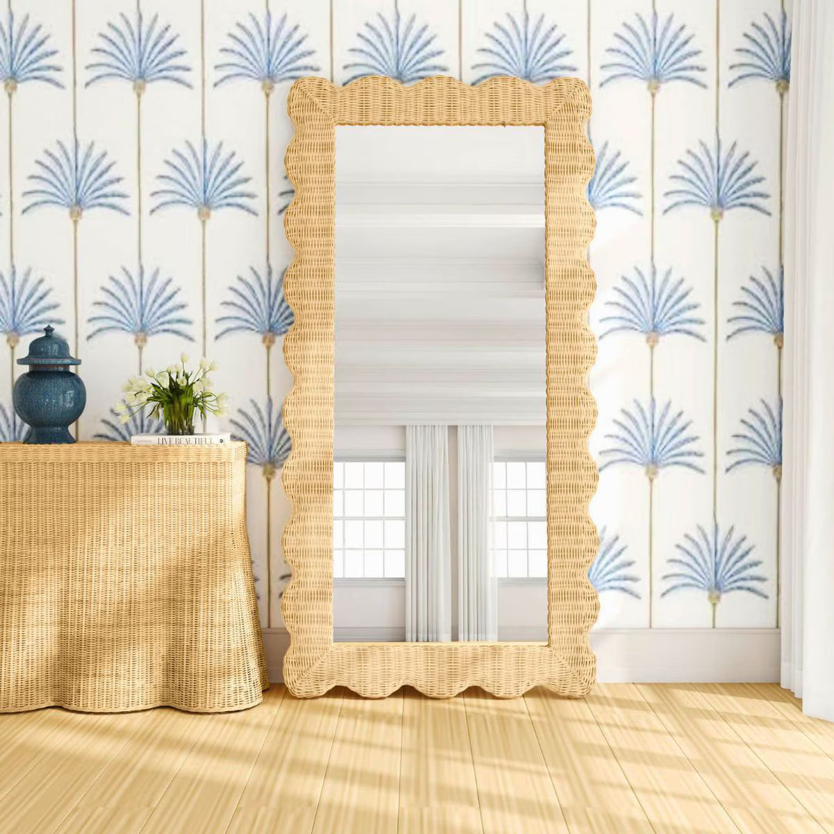 Bonnie Rattan Scallop Frame Floor Length Mirror, 79"H, Natural