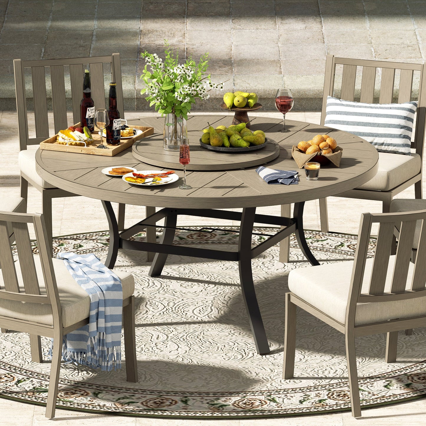 PEAKHOME Azur Patio 8PCS Round Dining Set With Lazy Susan and Sunbrella Umbrella And Cushion
