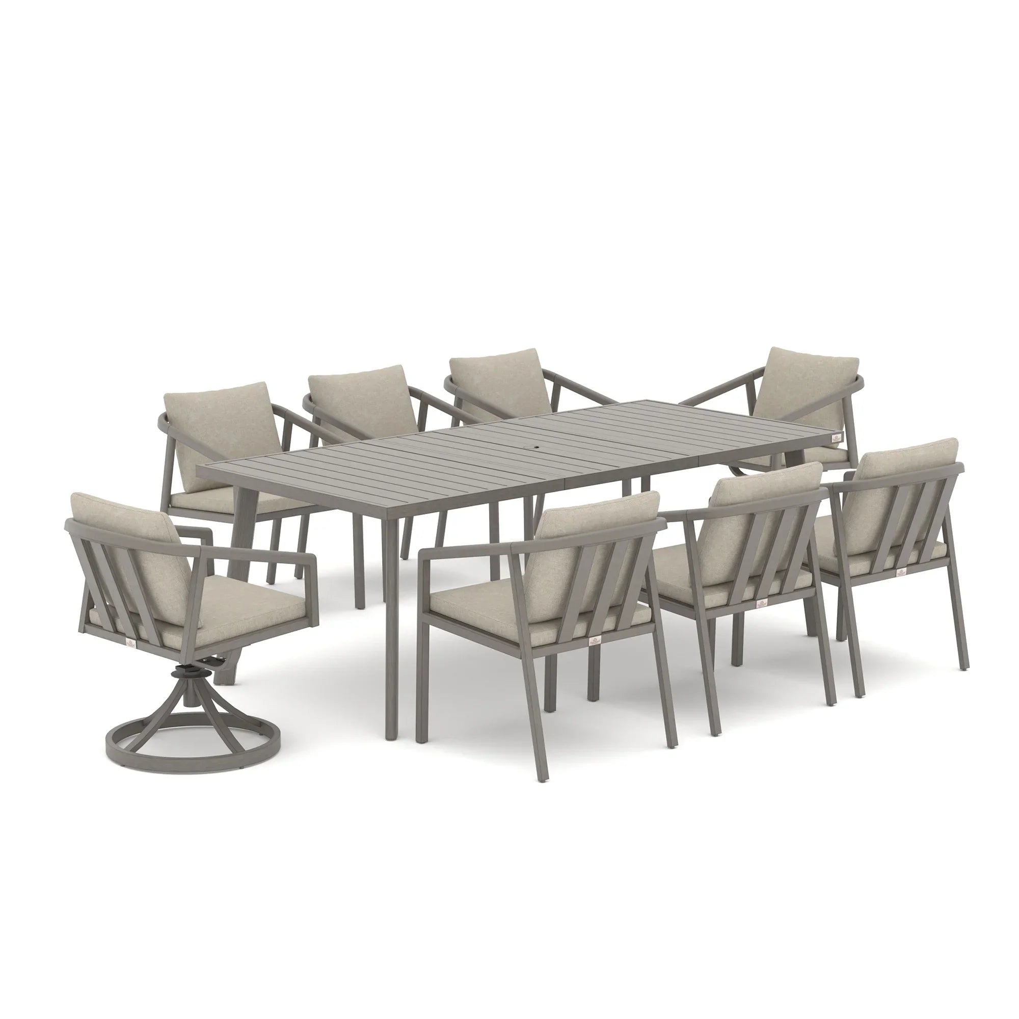 Amalfi Rectangular Aluminum Table with 6 Fixed Chairs and 2 Swivel Chairs