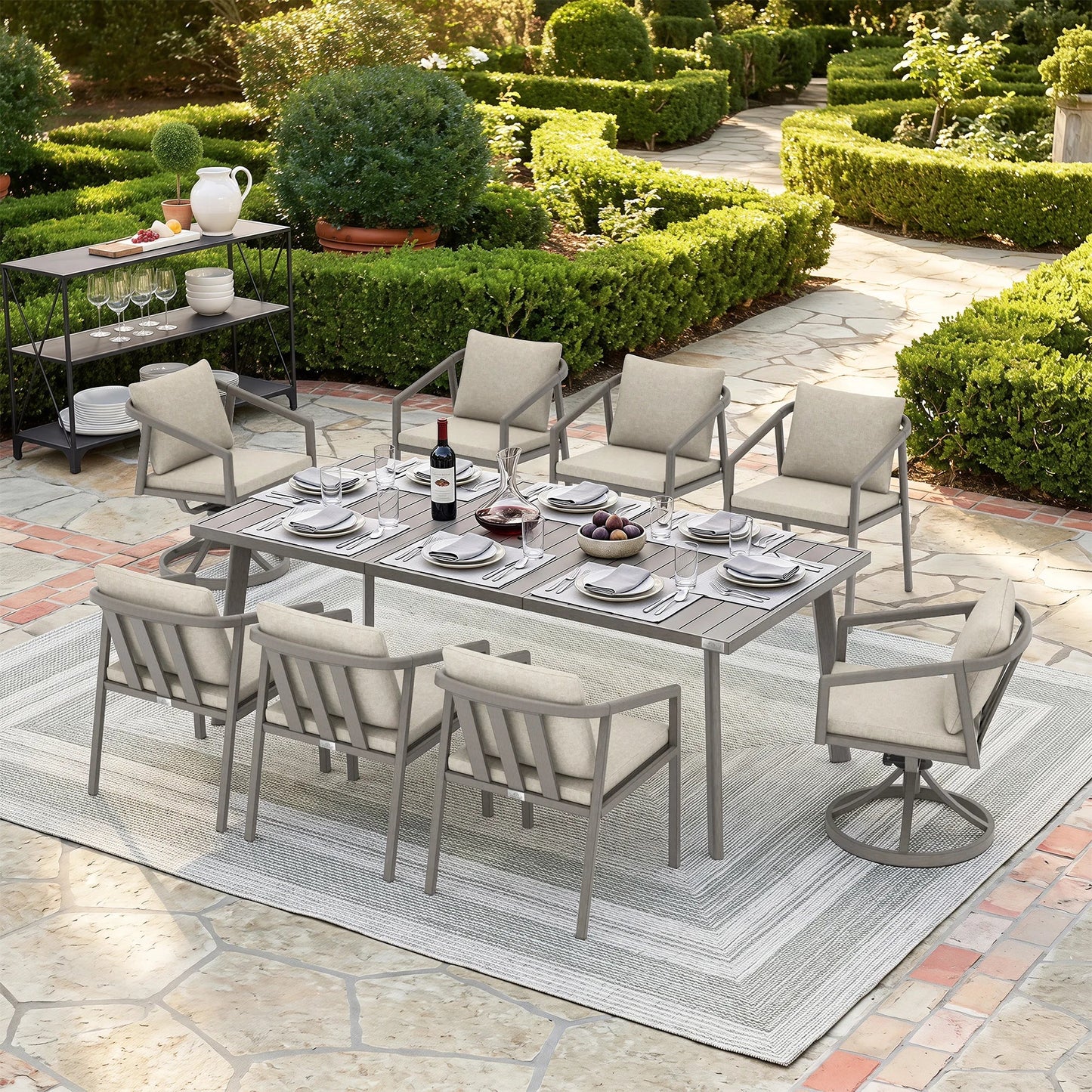 Amalfi Rectangular Aluminum Table with 6 Fixed Chairs and 2 Swivel Chairs