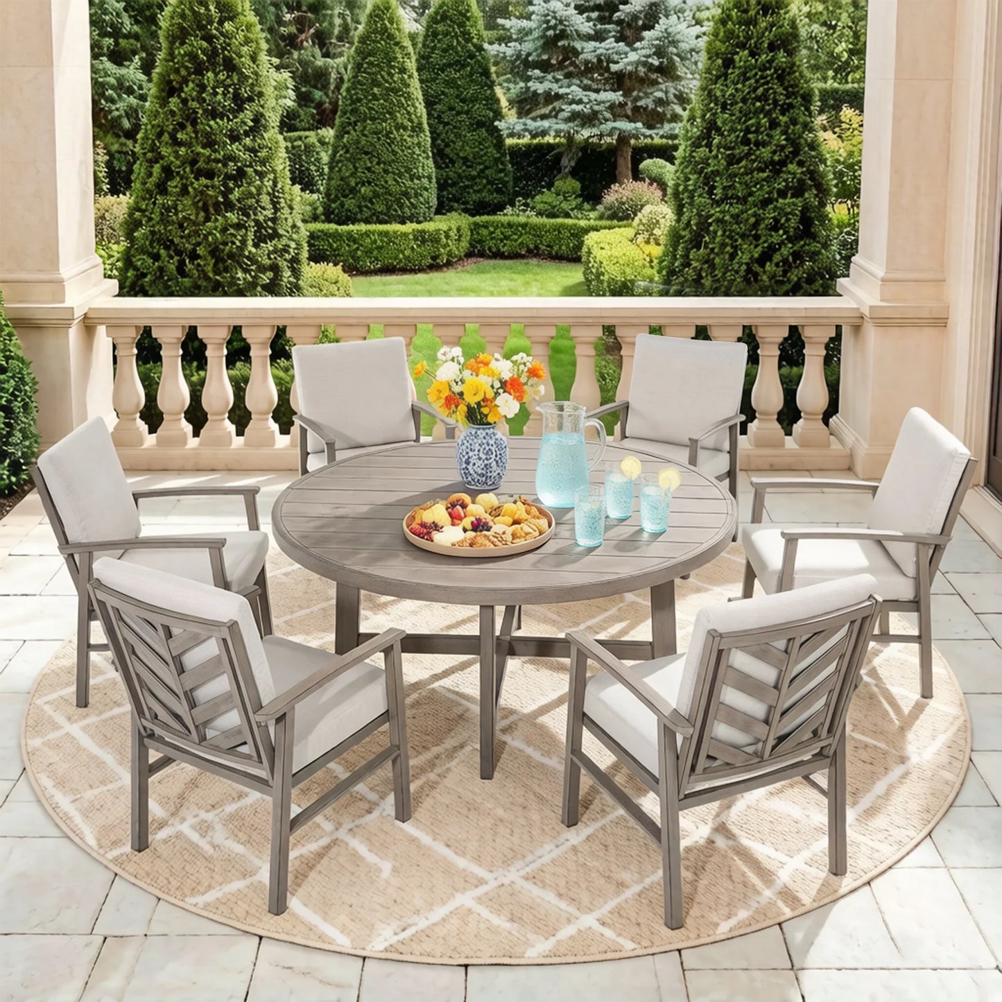 Amario 6 Person Aluminum Patio Round Dining Set With Sunbrella® Cushions