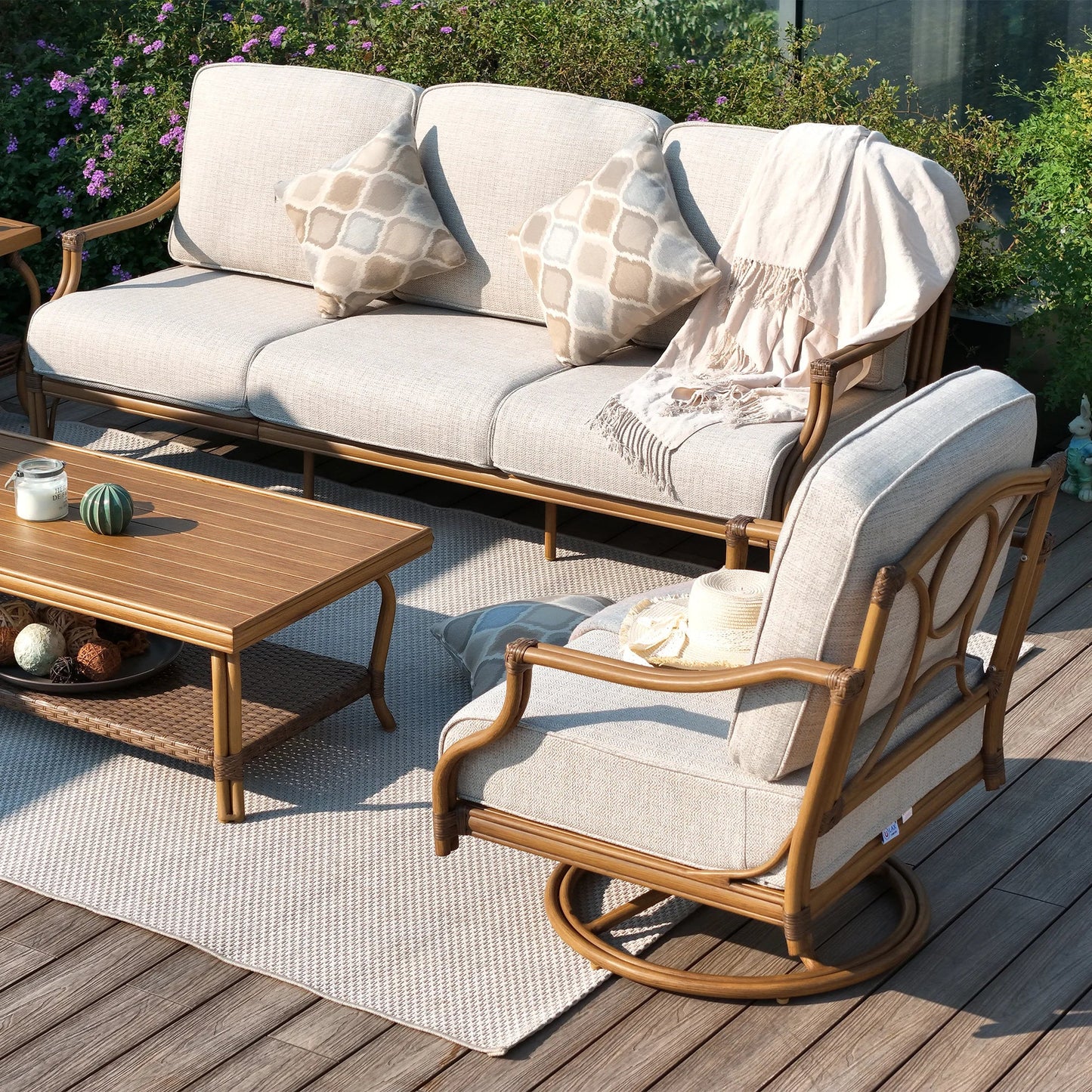 Arcadia Patio Sofa and 2 Swivel Chairs with Coffee Table