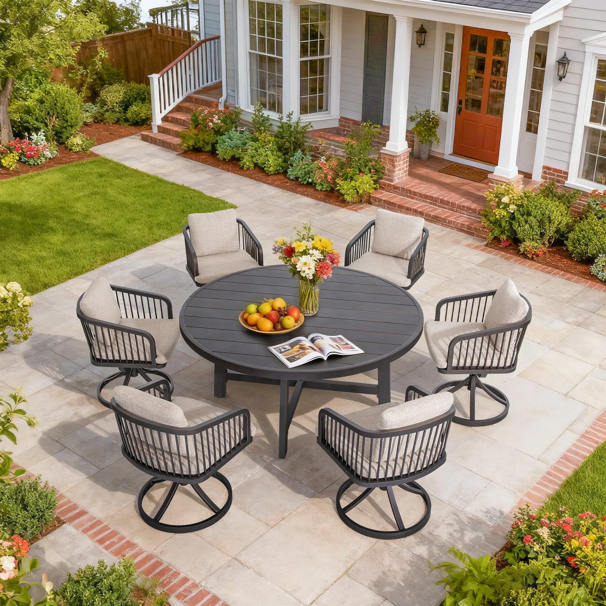 Asheville 7 Pieces Patio Round Dining Set With Swivel Rocking Chair