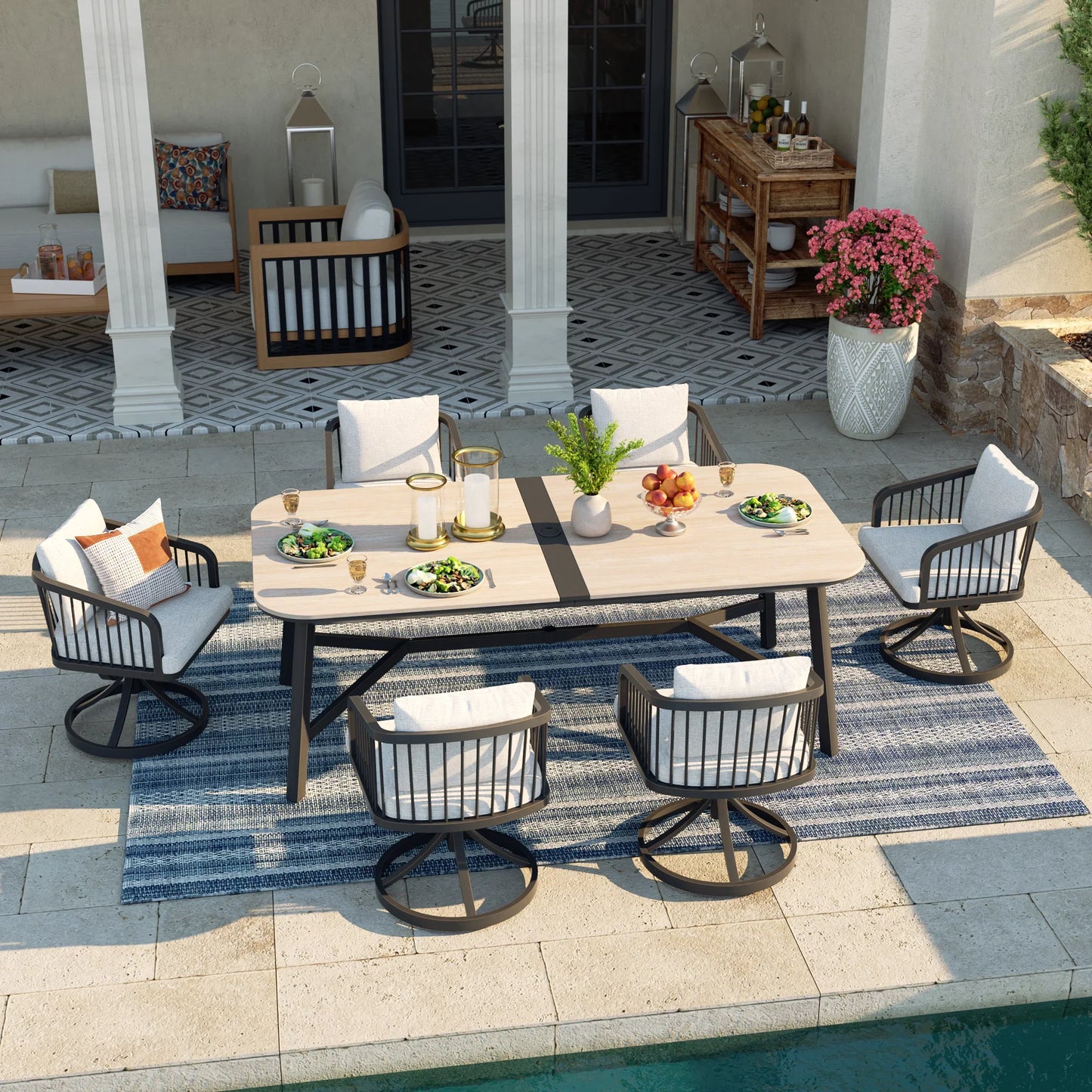 Asheville Patio Rectangular Dining Table and 6 Swivel Chair