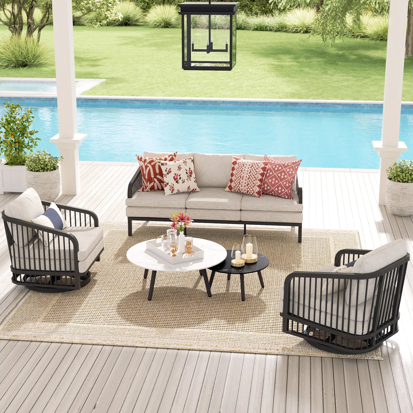 Asheville 5-Piece Aluminum Patio Seating Set With Nesting Sintered Stone Tables