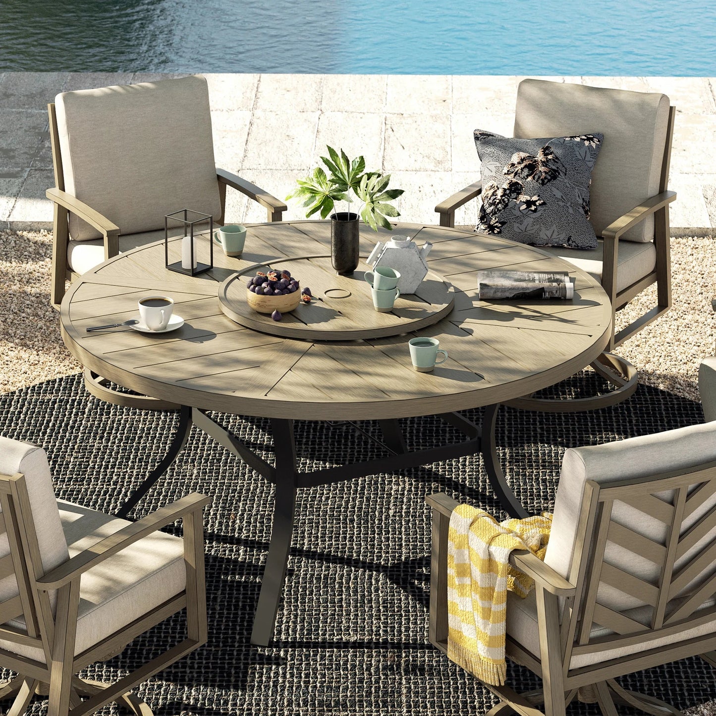 PEAKHOME Azur Patio Aluminum Round 60" Dining Table With Removable Lazy Susan for 6 Person