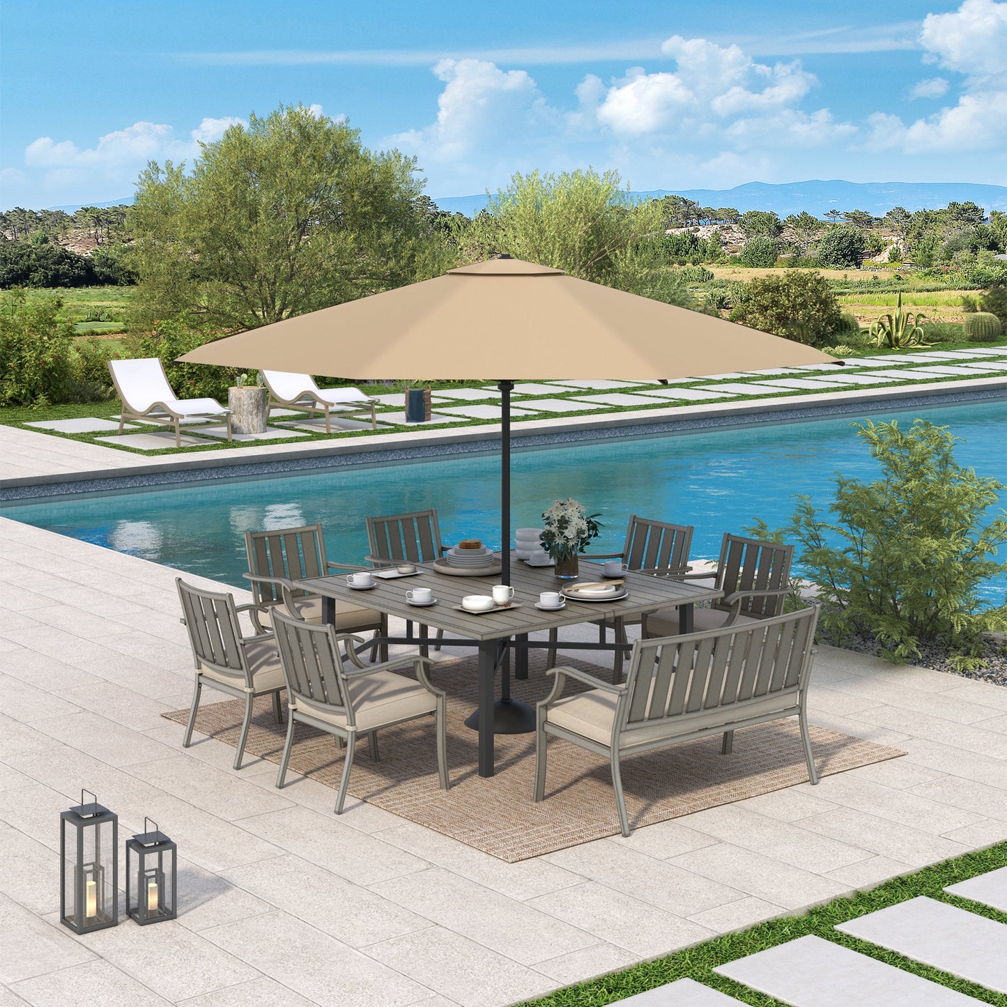 PEAKHOME Azur 8-Person Patio Square Dining Table Set With Sunbrella® Cushions