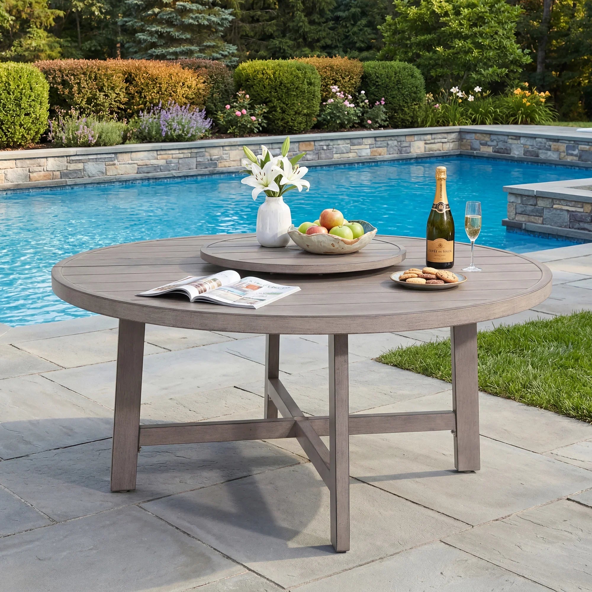 Azur 61.45 Inch Aluminum Patio Round Dining Table With Lazy Susan