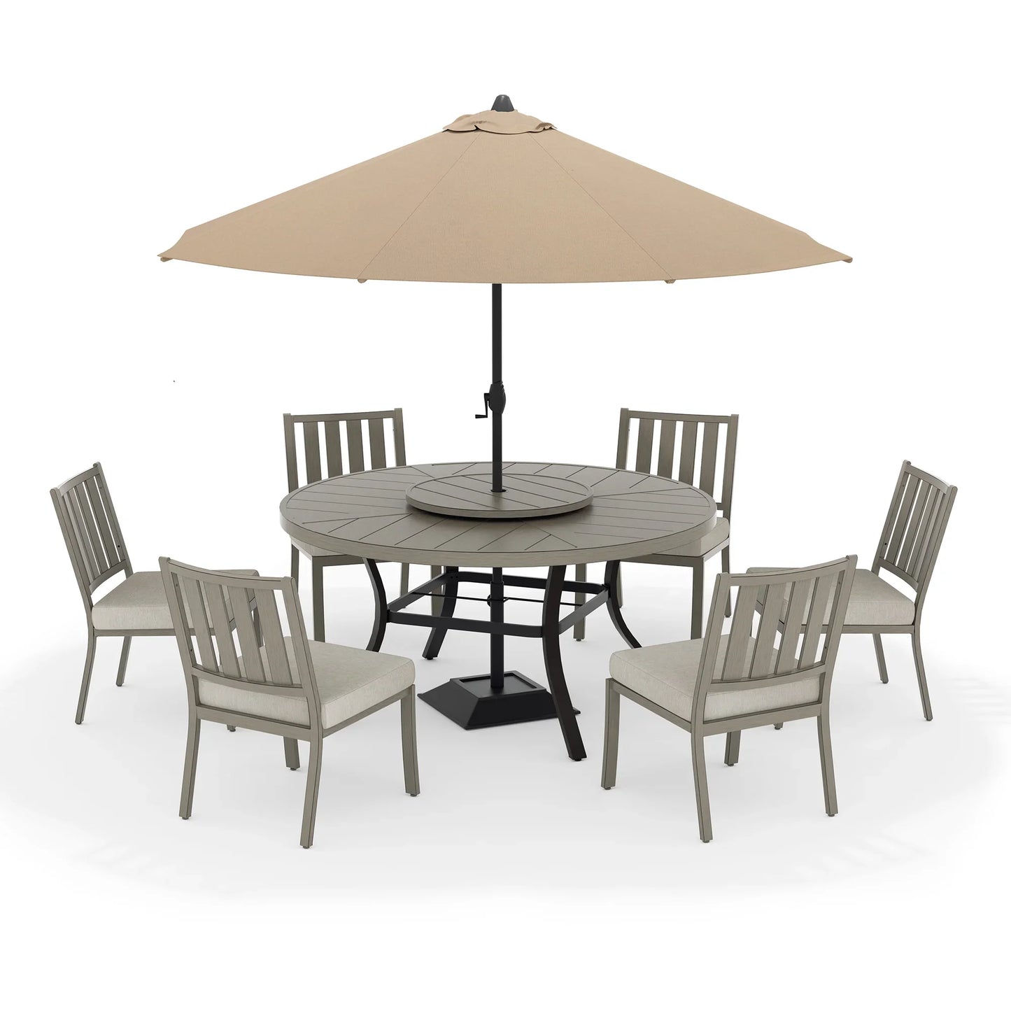 PEAKHOME Azur Patio 8PCS Round Dining Set With Lazy Susan and Sunbrella Umbrella And Cushion