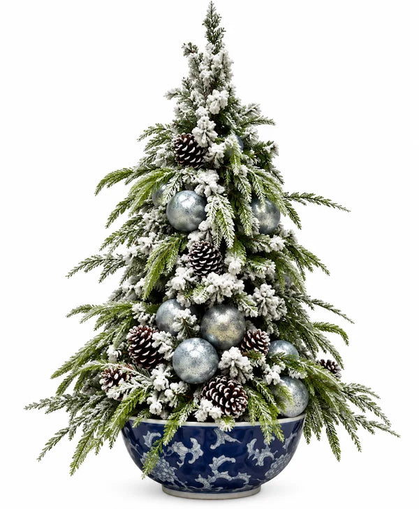 Flocked Holiday Tree in Navy Porcelain Bowl