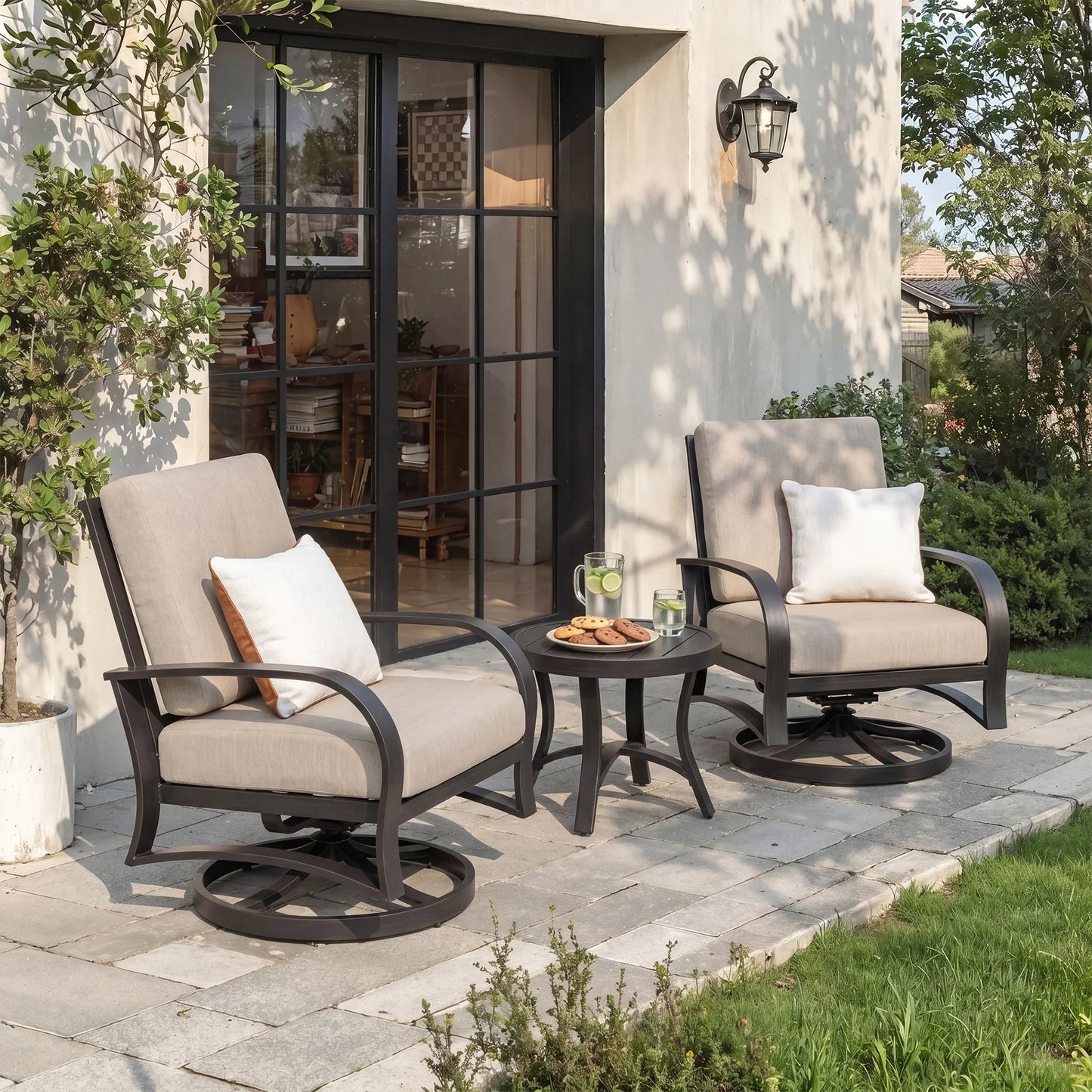 Chamber 3 pieces Outdoor Bistro Sets with Swivel Chair and Sunbrella® Cushions