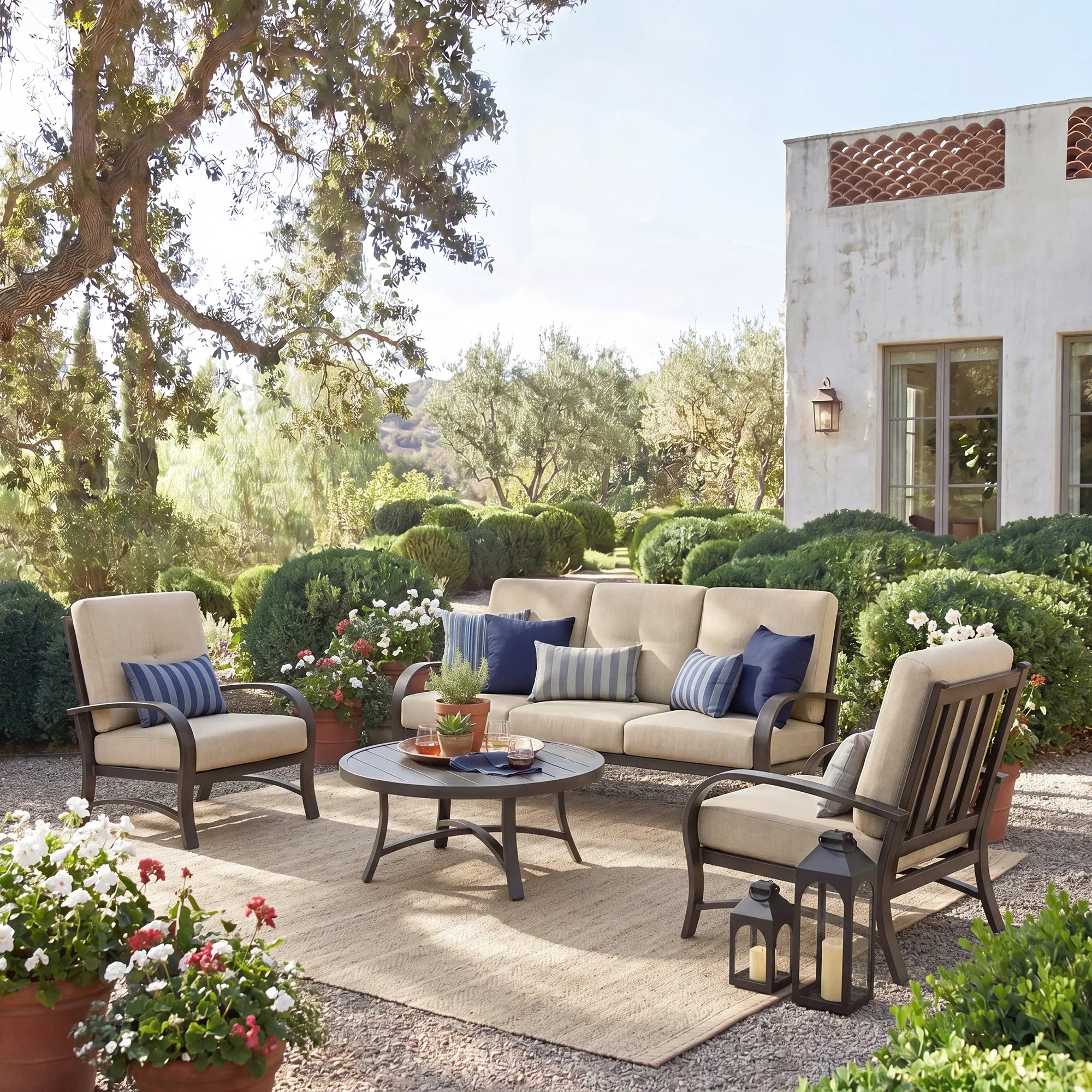 Chamber Aluminum Outdoor Sofa and 2 Chairs with Round Coffee Table