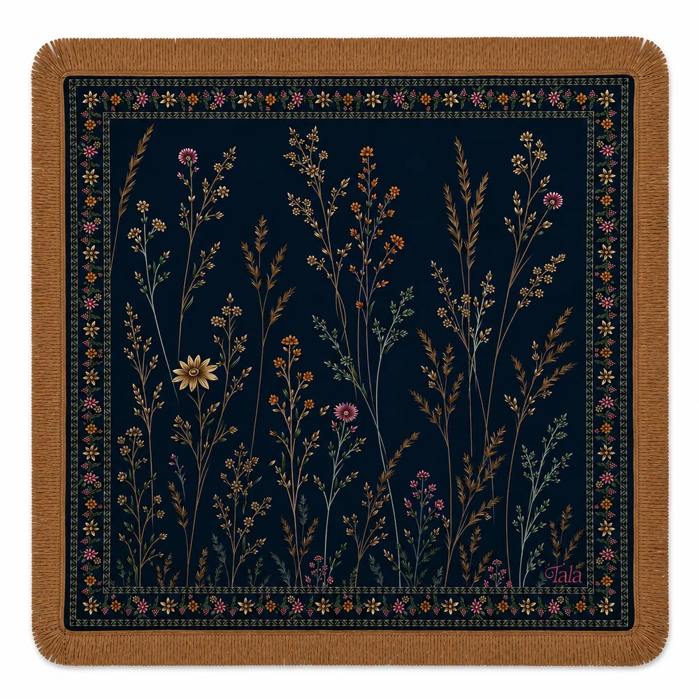 Midnight Wildflowers Mahjong Mat with Camel Fringe