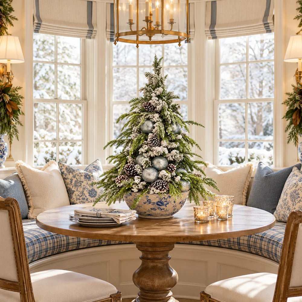 Flocked Holiday Tree in Porcelain Bowl