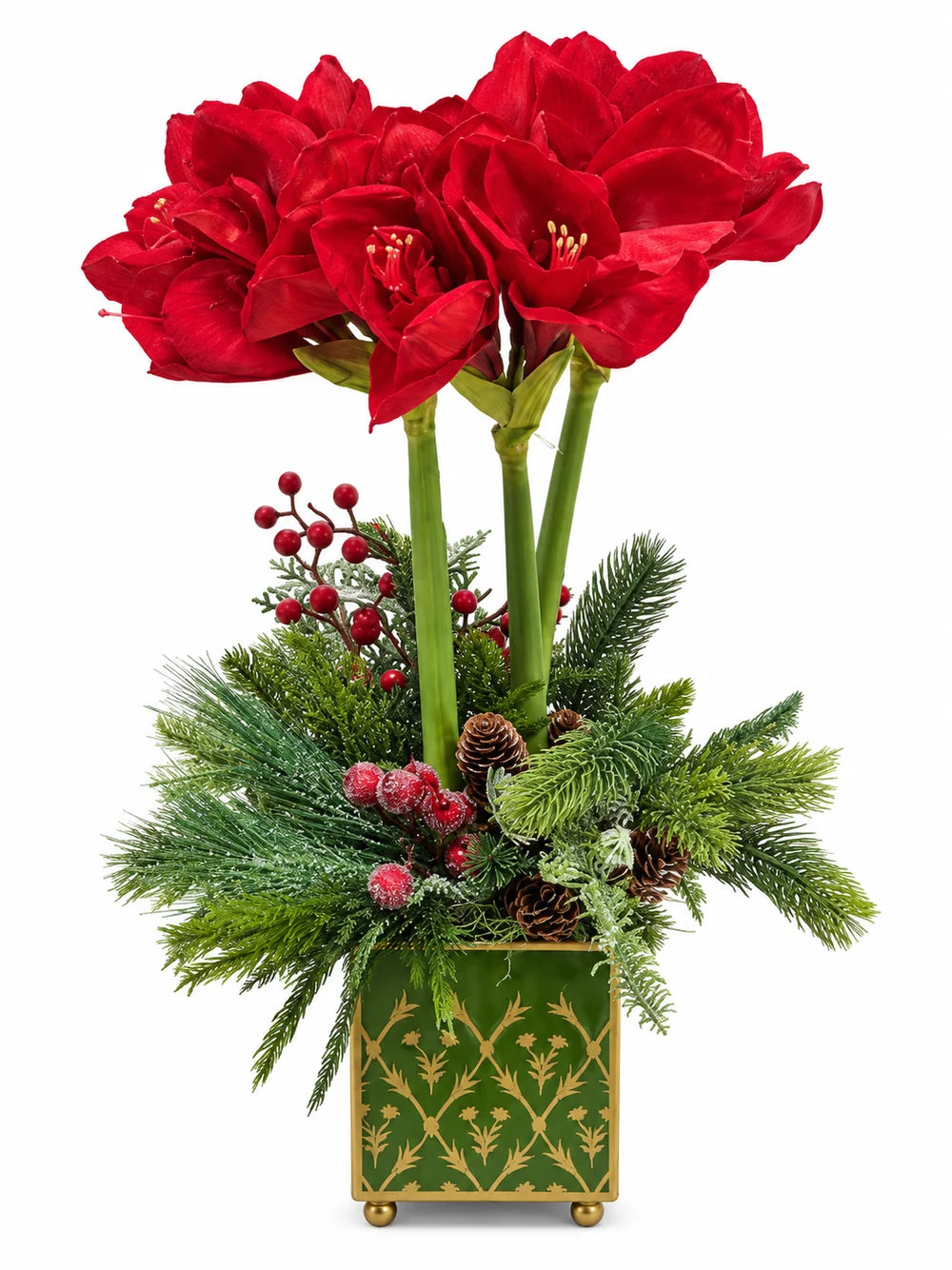 Red Amaryllis & Winter Greens in Chinoiserie Planter