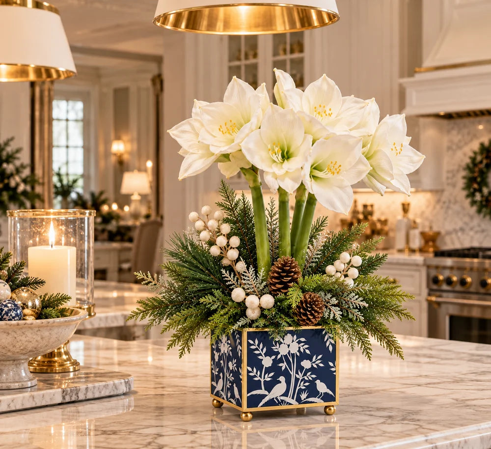 White Amaryllis & Winter Greens in Chinoiserie Planter