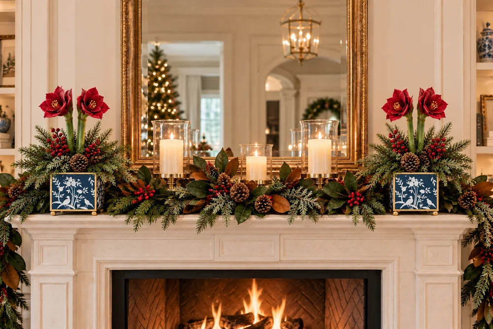 Red Amaryllis & Winter Greens in Chinoiserie Planter
