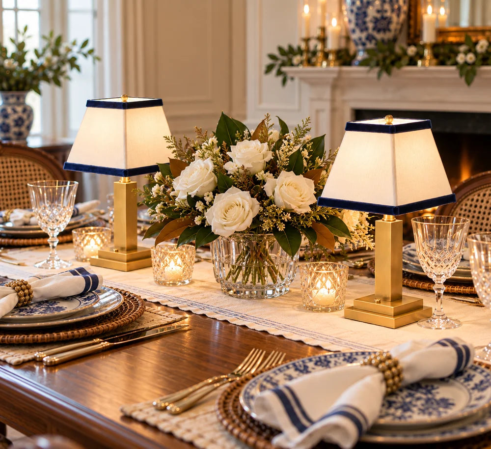 Gold Square Rechargeable Lamp with Navy Velvet Trim Shade *Pre-Order*