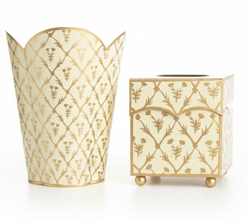 Ivory & Gold Tulip Wastepaper Basket & Tissue (2 Options)