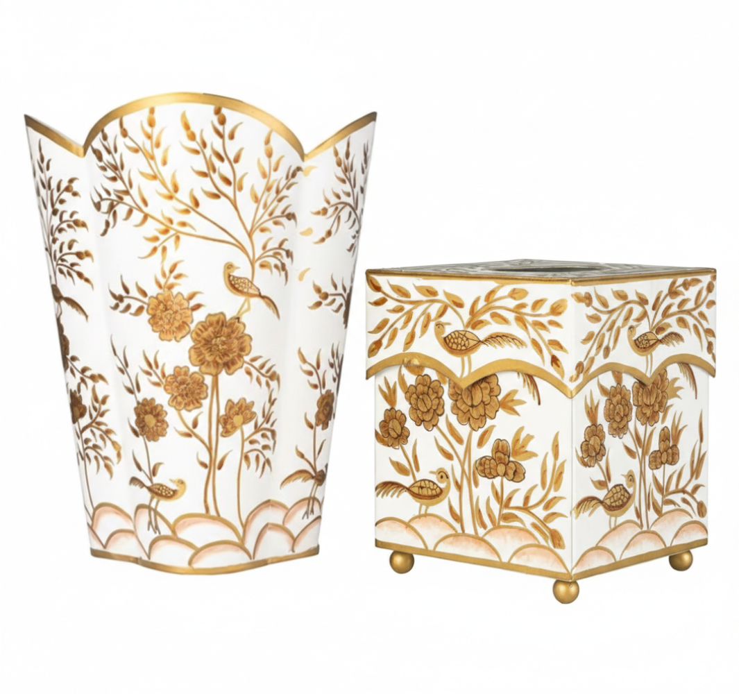Ivory & Gold Pheasant Wastepaper Basket & Tissue (2 Options)