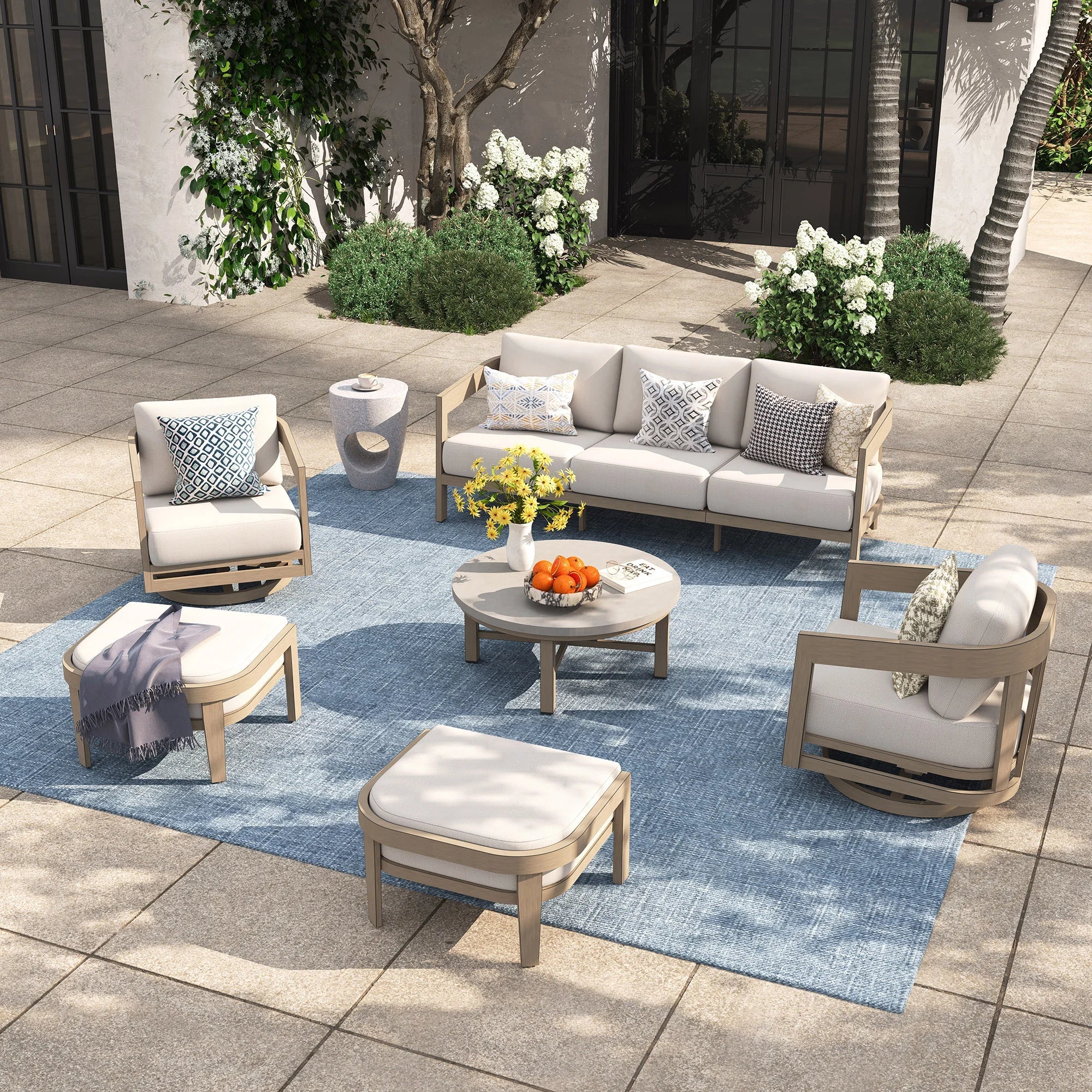Harmonti 6 Pieces Teak Finish Aluminum Patio Swivel Furniture Set With Ottoman