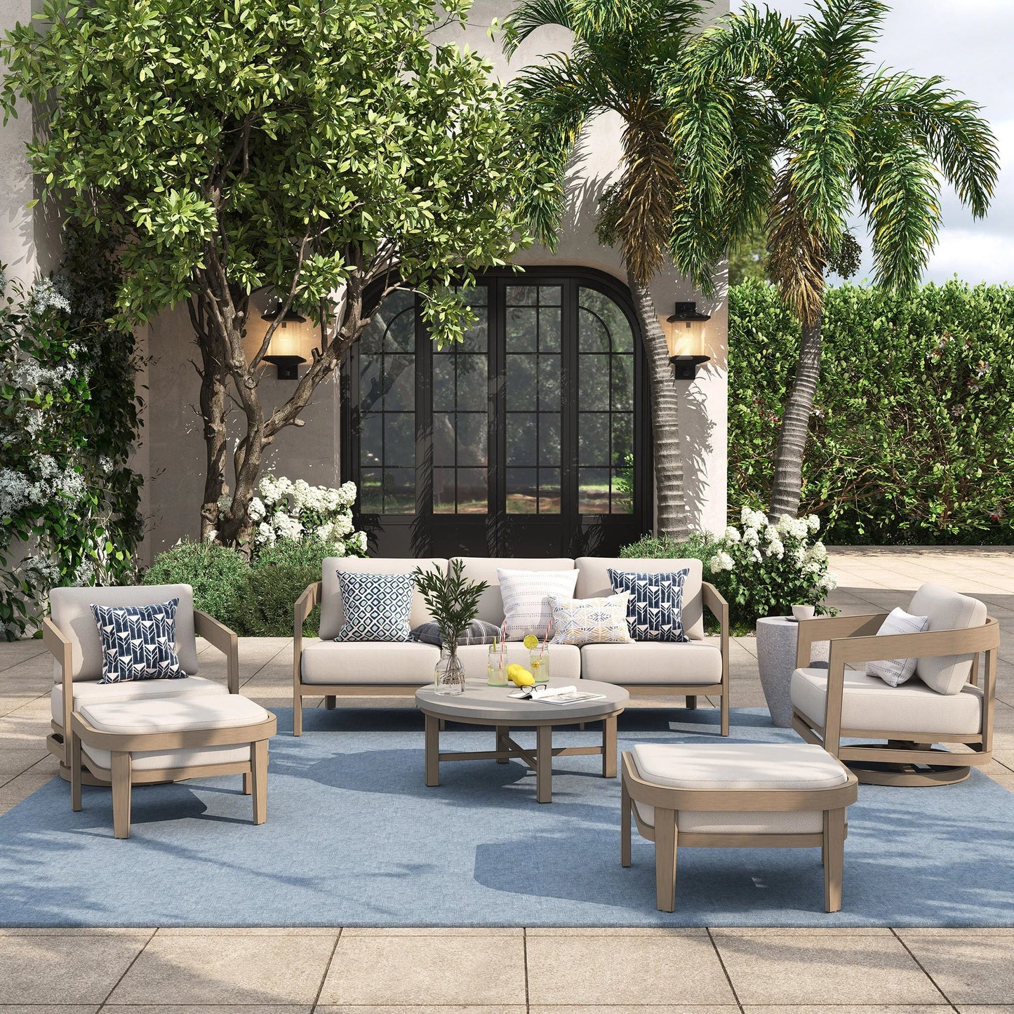 Harmonti 6 Pieces Teak Finish Aluminum Patio Swivel Furniture Set With Ottoman