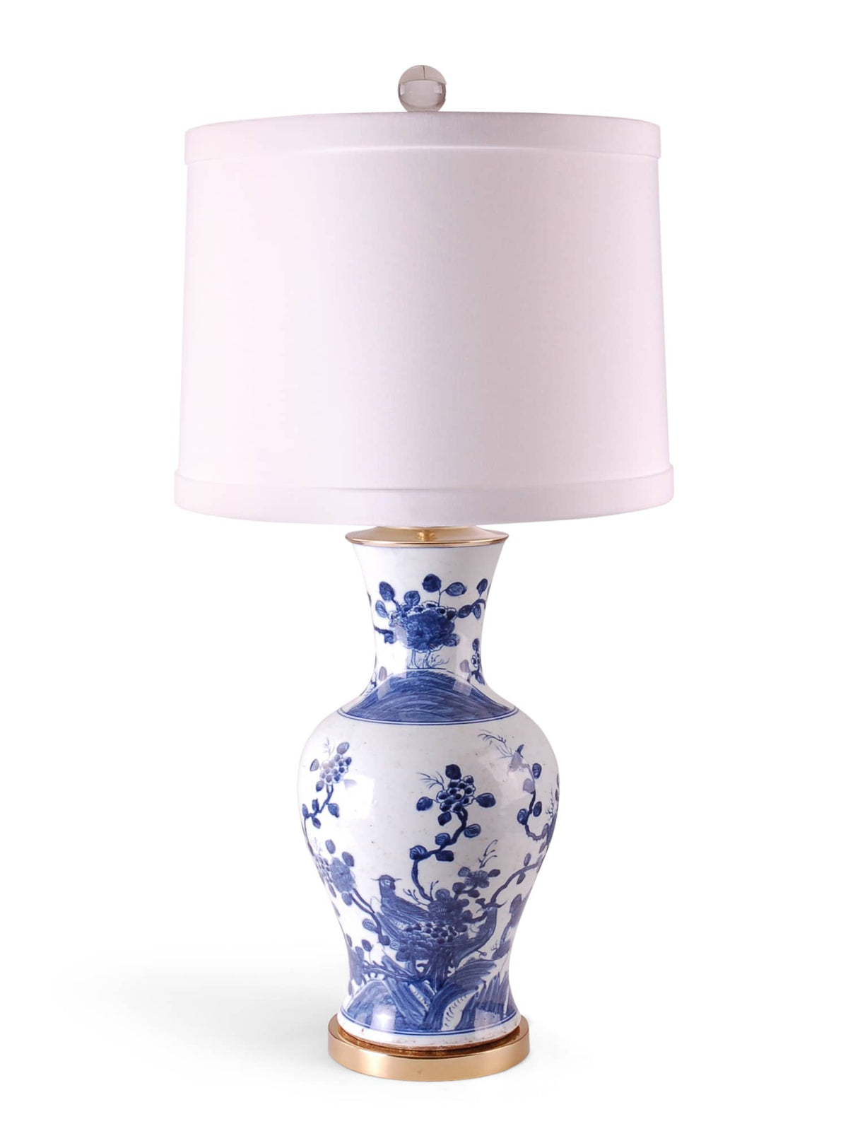 28″ Blue and White Bird and Flower Vase Lamp on Brass Base