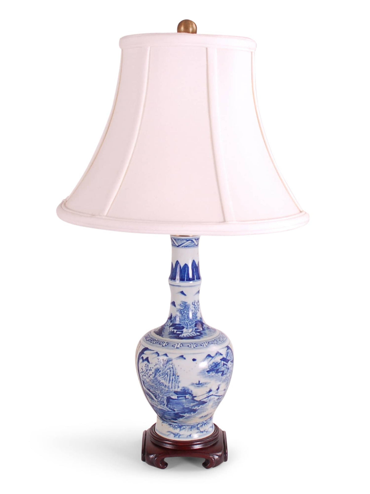 22″ Blue and White Canton Gourd Lamp on Wood Base