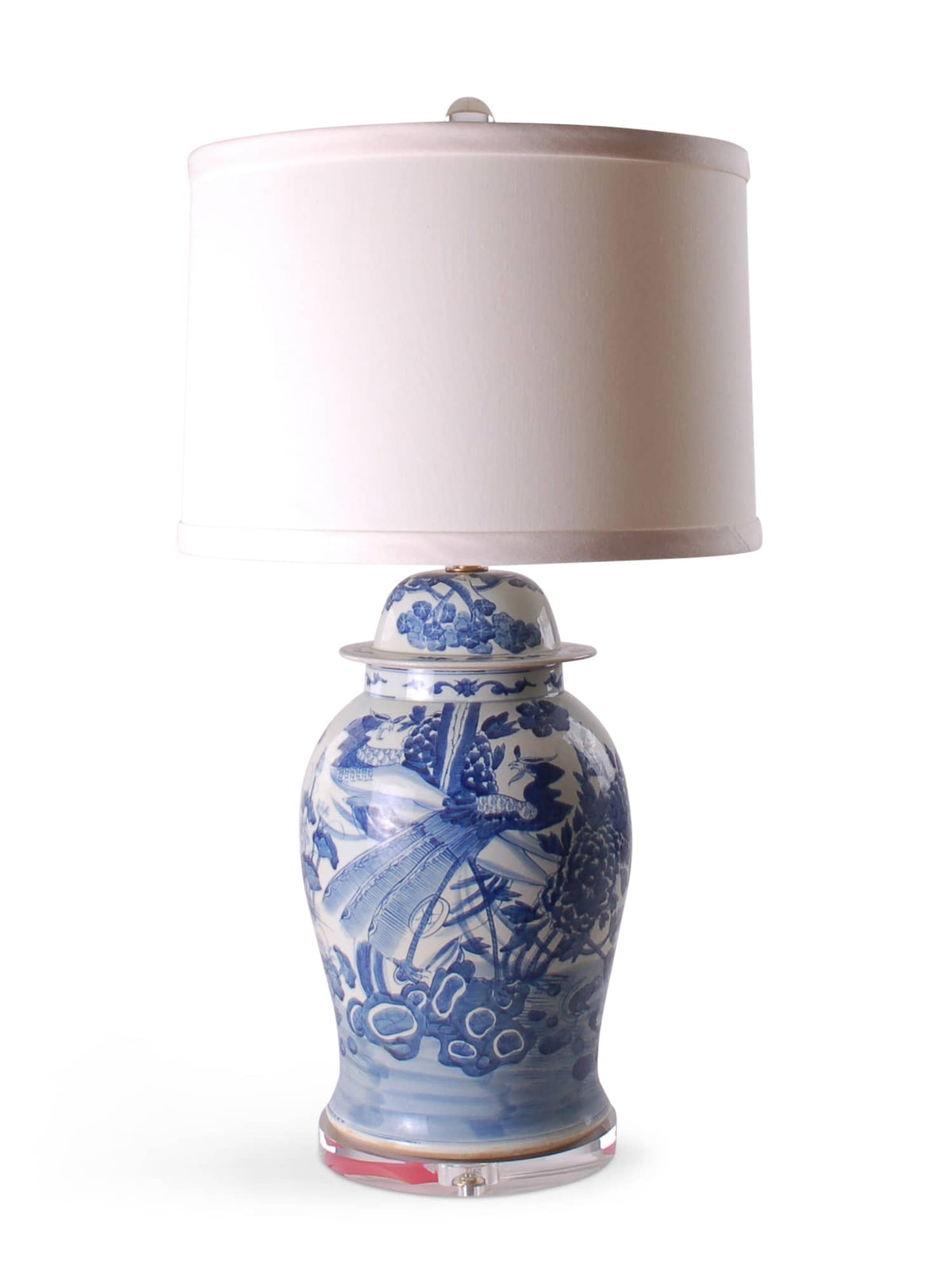 31″ Blue and White Jar Peacock Lamp on Acrylic Base