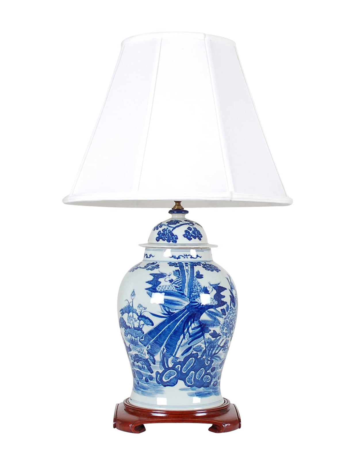 31″ Blue and White Jar Peacock Lamp on Wood Base