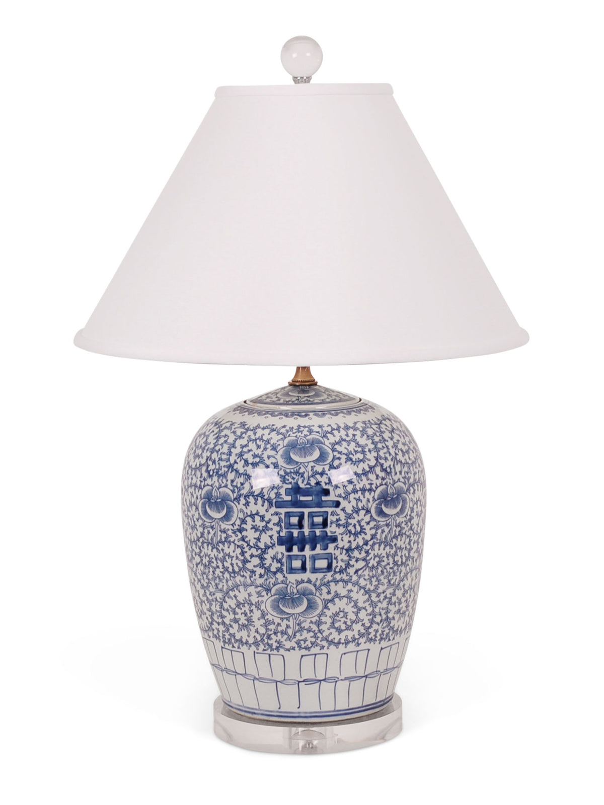 24″ Blue and White Double Happiness Melon Jar Lamp on Acrylic Base