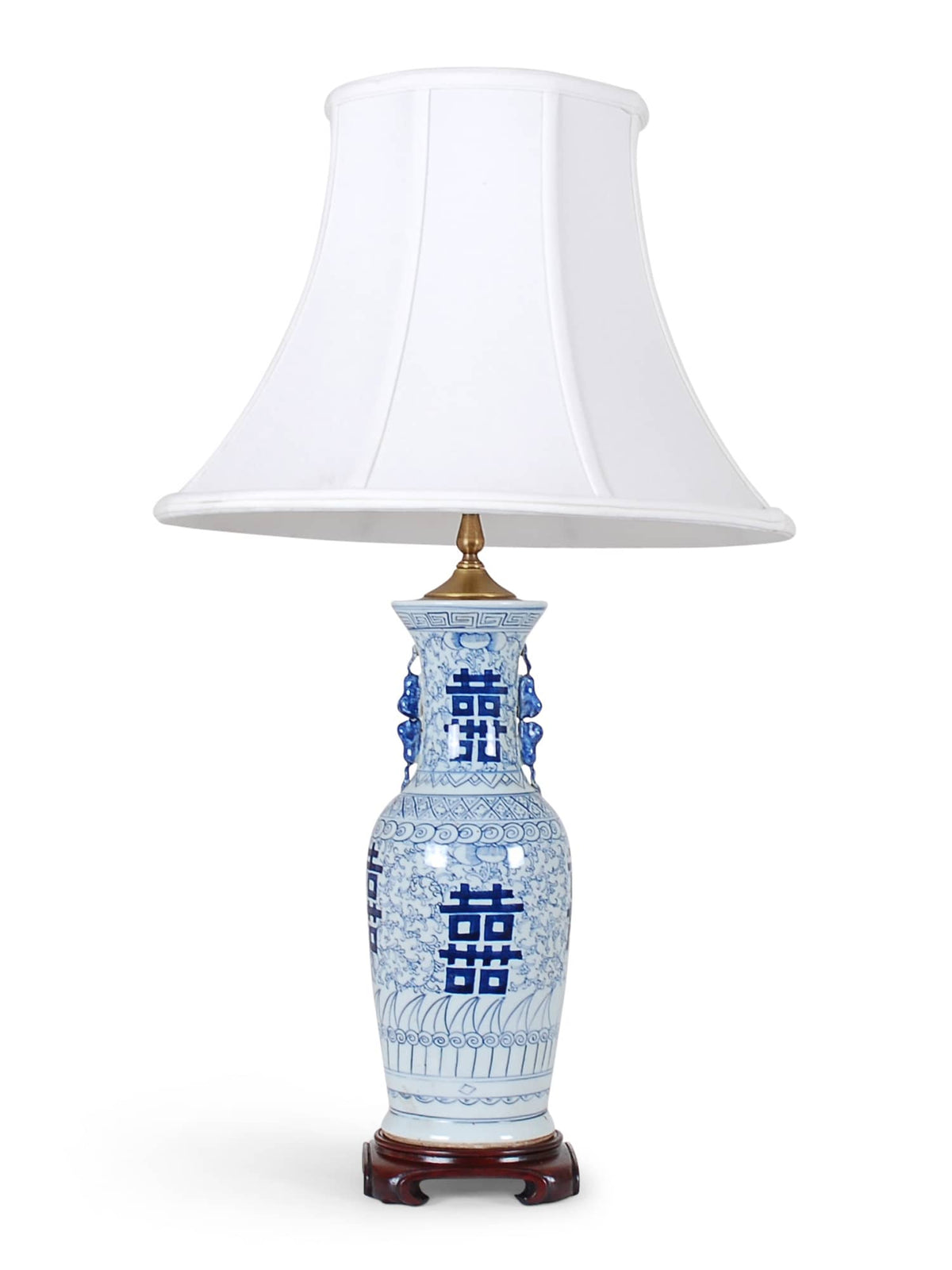 29″ Blue and White Double Happiness Vase Lamp on Wood Base