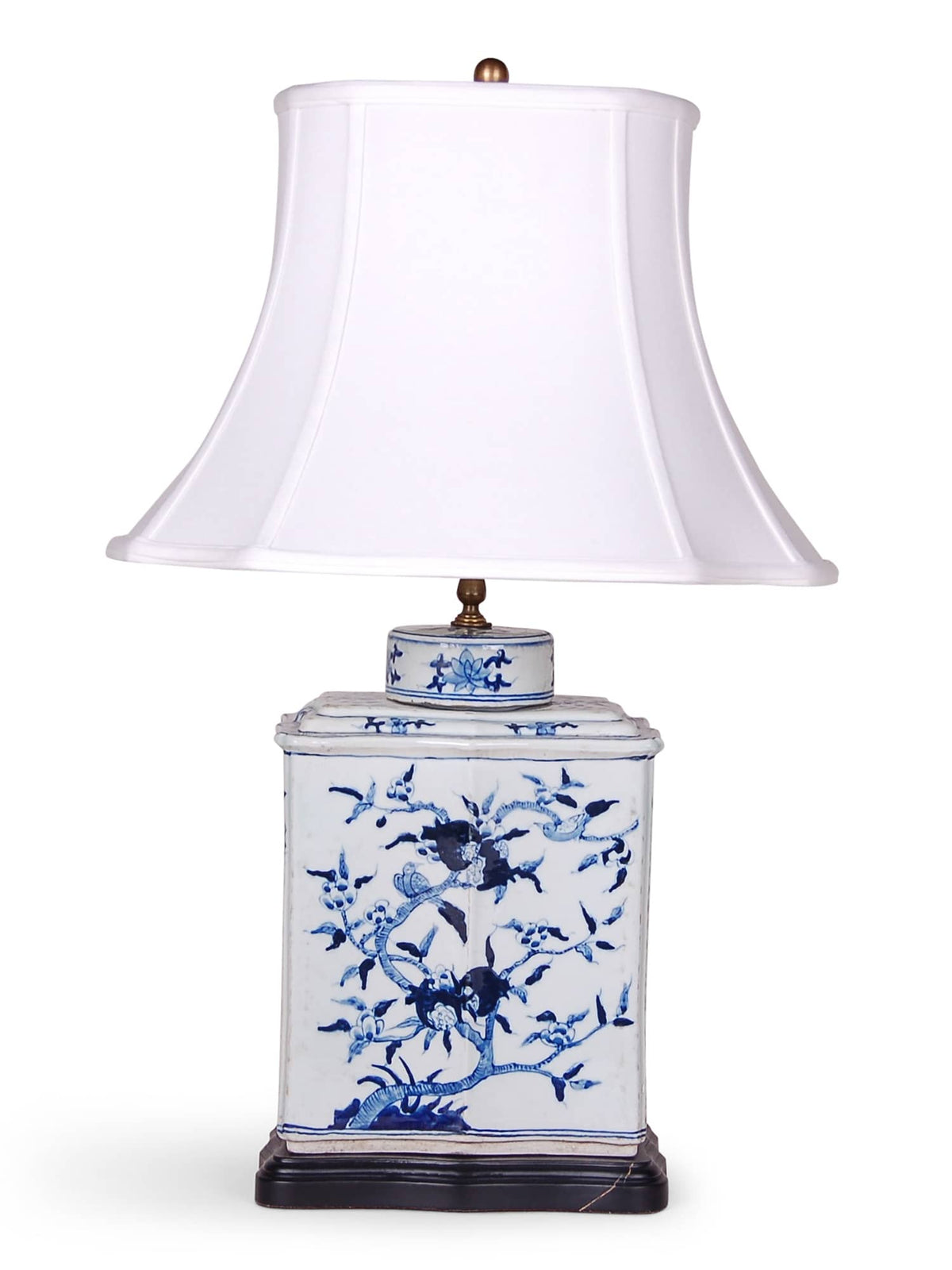 29″ Blue and White Bird and Flower Tea Caddie Jar Lamp on Wood Base