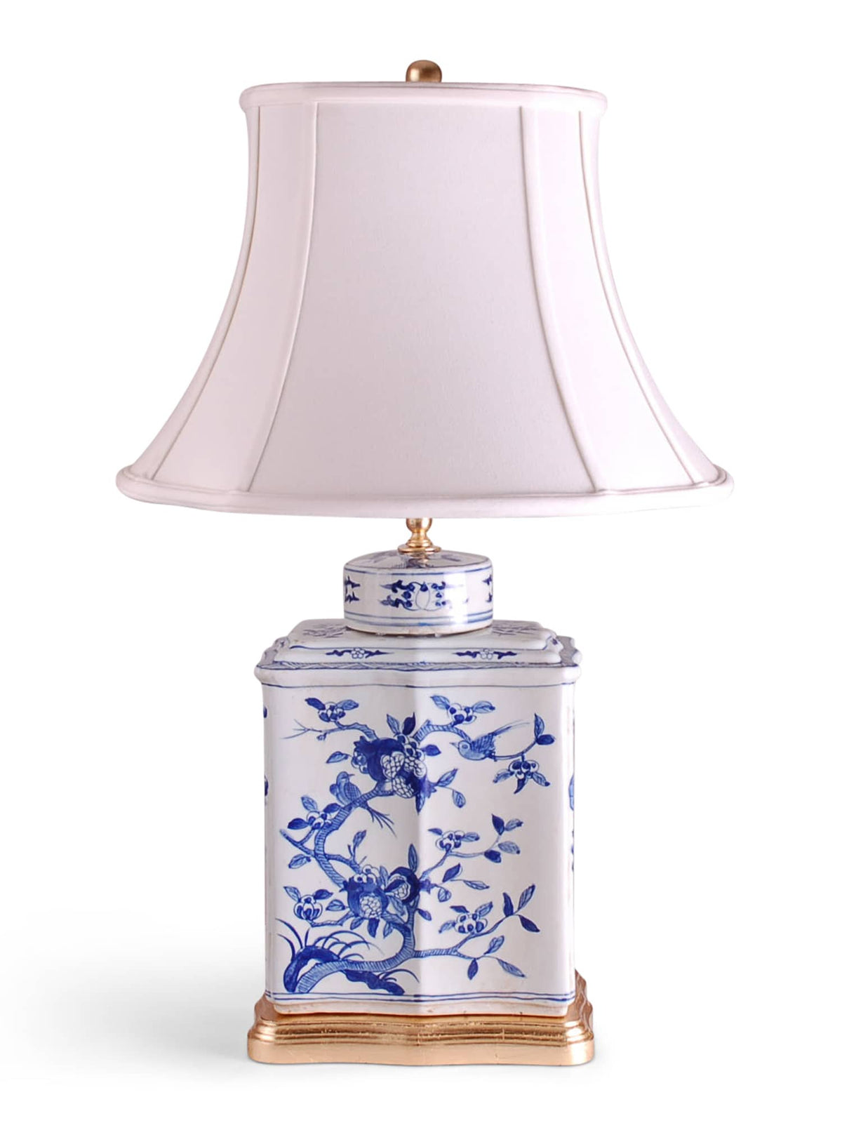29″ Blue and White Bird and Flower Tea Caddie Jar Lamp on Gold Leaf Base